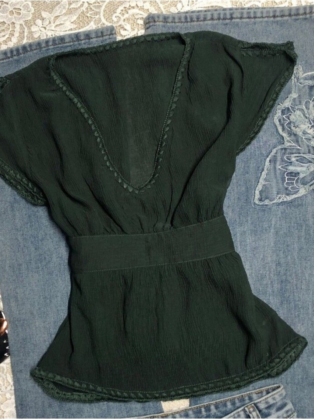 Women's Dark Green V-Neck Cinched-Waist Peplum Tunic